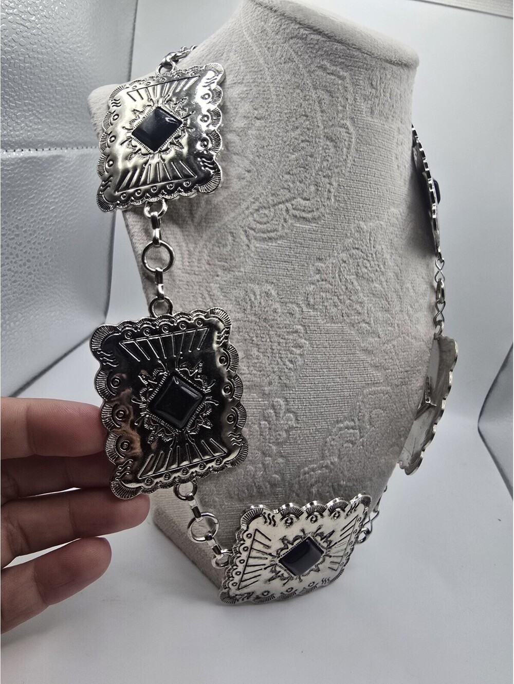 Silver Concho Chain Black Faux Stone Western Boho Up To 24" No Clasp